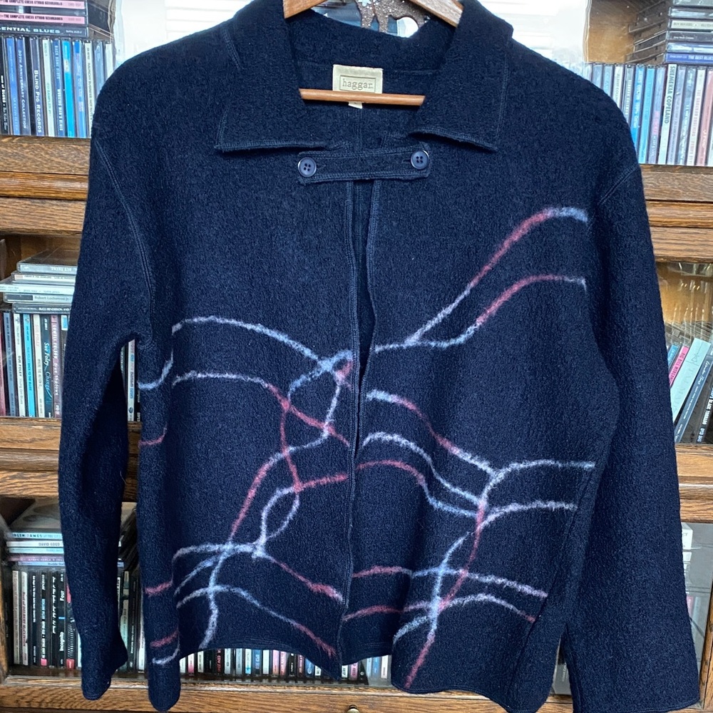 HAGGAR Dark Navy Blue Cardigan with Streaks of Colour - So Unique M/L
